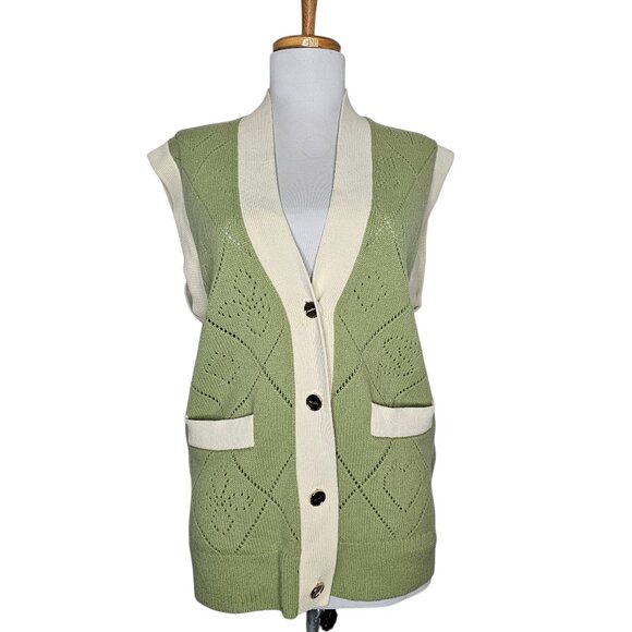 Sandro Paris Espoir Oversized Perforated Wool Cardigan Vest Sage Green Sz 1 / S - Picture 3 of 16